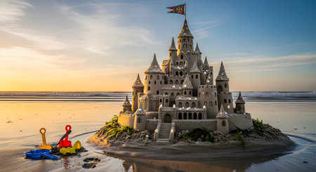 An incredibly detailed and large sandcastle with many towers, turrets, and walls sits on a wet beach during a beautiful sunset. Colorful plastic beach toys (shovel, rake, bucket) lie in the sand nearby, and the ocean is in the background.の素材