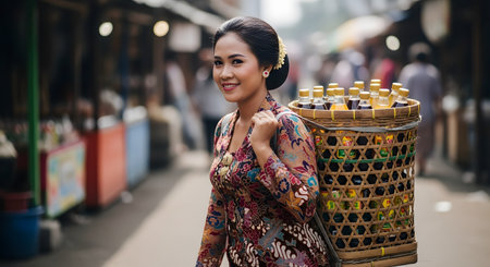 A smiling Indonesian woman in traditional Javanese attire (batik and kebaya) carries a basket of bottled drinks on her back. She is a 'jamu gendong' seller, walking through a busy traditional market.の素材