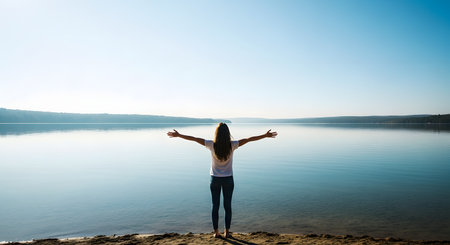 A rear view of a woman standing on the shore of a large, calm lake with her arms outstretched in a gesture of freedom or embrace. The clear blue sky and tranquil water create a sense of peace and serenity.の素材
