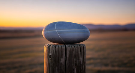 A smooth, grey zen stone with a distinct white stripe is perfectly balanced on top of a weathered wooden post. The background features a serene, blurred landscape at sunset or sunrise, with soft, warm colors in the sky. This image symbolizes balance, harmony, tranquility, mindfulness, and simplicity.の素材