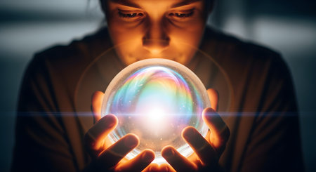 A person's face is dimly illuminated by the bright, colorful light emanating from a crystal ball they are holding. The individual peers intently into the glowing orb, which shows swirls of rainbow colors and a bright lens flare. The concept represents fortune telling, mystery, and predicting the future.の素材