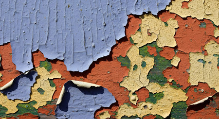 A macro shot of a weathered surface with multiple layers of cracked and peeling paint. The colors include light blue, yellow, red-orange, and dark green, creating an abstract, textured background.の素材