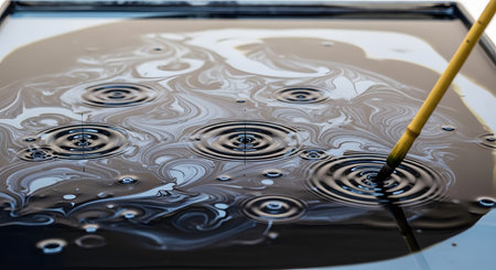 A close-up shot of a traditional art technique, possibly suminagashi or paper marbling. A yellow bamboo brush is dipped into a tray of dark liquid (ink or paint) and water, creating expanding concentric ripples and swirling abstract patterns on the surface.の素材