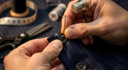 A close-up shot of a tailor's hands meticulously sewing a button onto a navy blue pinstripe suit jacket. The tailor uses a needle and thread, and a metal thimble is on their finger. Other tailoring tools like scissors, thread spools, and a measuring tape are visible on the dark blue fabric background.の素材