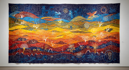 A large, vibrant tapestry hanging in an art gallery, featuring a colorful landscape in the style of Australian Aboriginal art. The intricate dot painting and symbolic motifs depict the land, animals, and dreamtime stories in rich red, orange, yellow, and blue hues.の素材