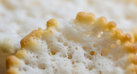 An extreme macro, close-up shot of a white rice cracker or biscuit. The image reveals the porous, airy texture and the golden-brown, scalloped edge. The background is softly blurred, emphasizing the food's detailed surface.の素材