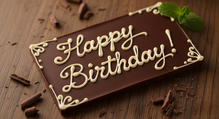 A rectangular bar of dark chocolate with the words 'Happy Birthday!' elegantly written in white chocolate icing. The celebratory treat rests on a wooden table, garnished with a fresh mint leaf and surrounded by chocolate shavings.の素材
