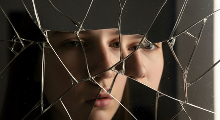A close-up portrait of a young woman's face reflected in the shards of a broken, shattered mirror. The fragmented image creates a distorted and fractured view, symbolizing identity crisis, emotional distress, or a broken self.の素材