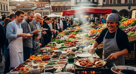 A vibrant and bustling outdoor food market, with a smiling female vendor cooking food on a large pan. Her stall is filled with an abundance of fresh fruits, vegetables, olives, and other local delicacies, while customers line up to be served.の素材