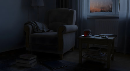 A quiet and moody reading corner in a dark room at night, with a comfortable armchair and a blanket. Next to it, a small table holds a cup of tea and books, while rain is visible through the window, creating a cozy, peaceful, and solitary 'hygge' atmosphere.の素材