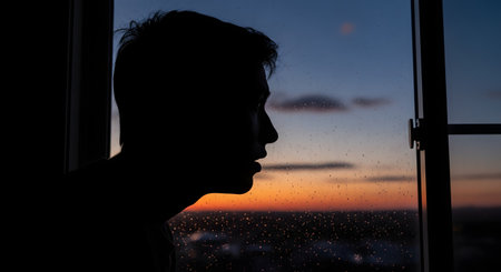 A close-up silhouette of a young person's profile as they look out a window at a colorful sunset. Raindrops are visible on the window glass, and city lights twinkle in the distance, creating a pensive and melancholic mood.の素材