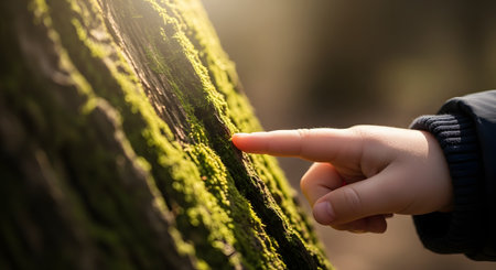 A close-up shot of a small child's hand gently touching a patch of bright green moss growing on the bark of a tree. The scene is bathed in warm, soft sunlight, evoking a sense of curiosity, discovery, and connection with nature.の素材