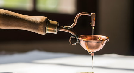 A close-up macro shot of a traditional Indonesian batik tool called a 'canting' or 'tjanting'. The tool,which has a wooden handle and a copper reservoir,is shown dripping hot liquid wax,used for drawing patterns on fabric.の素材