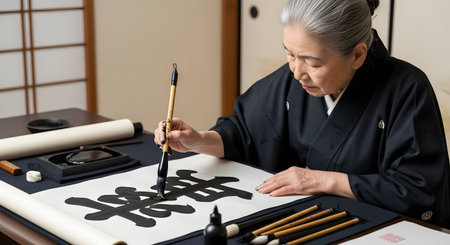 An elderly Asian woman, possibly Japanese, dressed in a traditional black kimono, is practicing calligraphy (Shodo). She is focused, holding a large brush and painting a kanji character on white paper. Calligraphy tools, including an inkstone and brushes, are on the table in a traditional room.の素材