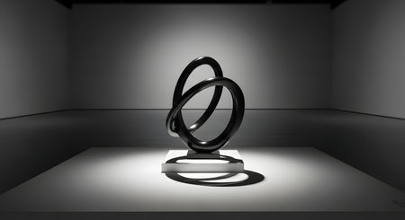 A modern abstract sculpture made of a smooth, black material is displayed on a white pedestal under a spotlight. The sculpture consists of two intertwined loops, creating a sense of infinity and fluid motion. The setting is a minimalist art gallery with dramatic lighting, emphasizing the form and shadow of the artwork.の素材