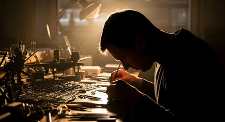 A man is intensely focused on assembling or painting a miniature model figurine at a cluttered workbench under a bright lamp. The dramatic, dark setting highlights his concentration, patience, and the intricate nature of the hobby.の素材