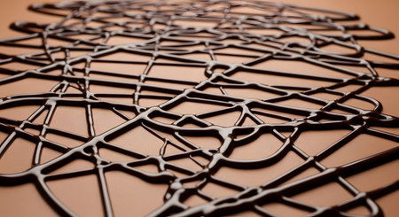 An intricate, abstract web pattern has been created by drizzling melted dark chocolate sauce onto a smooth, light brown surface. The glossy lines of the sweet topping create a delicious and artistic background perfect for dessert and confectionery themes.の素材
