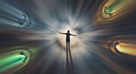 A silhouette of a person with arms outstretched, standing in the center of a swirling, colorful light tunnel. The image has a strong radial blur effect, creating a sense of motion, time travel, or a spiritual journey towards a bright light. The colors include blue, green, and yellow.の素材