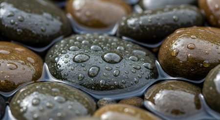A macro close-up of smooth, wet river stones or pebbles sitting in shallow water. Clear water droplets are visible on the surface of the stones, creating a serene and calming texture that represents nature, zen, and tranquility.の素材