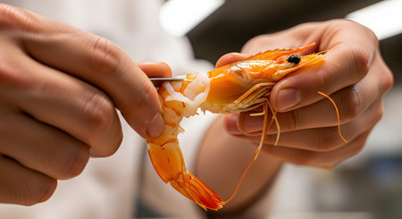 A close-up shot of a chef's hands carefully deveining a large, cooked orange shrimp or prawn. The chef is using a small, sharp tool or knife to remove the vein from the back of the seafood, preparing it for a dish.の素材