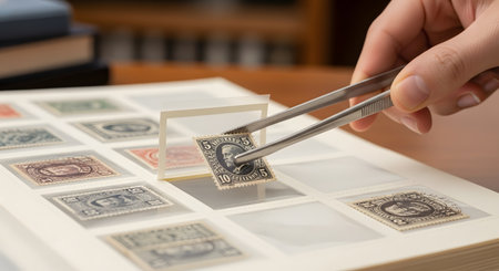 A close-up of a philatelist using metal tweezers to carefully place a vintage postage stamp into a collector's album. The organized album pages and the delicate handling highlight the meticulous nature of stamp collecting as a hobby.の素材