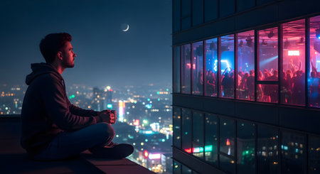 A conceptual image contrasting introversion and extroversion. On one side, a man sits alone peacefully on a rooftop overlooking the city at night; on the other, a vibrant, loud party is seen through the window of a high-rise building.の素材