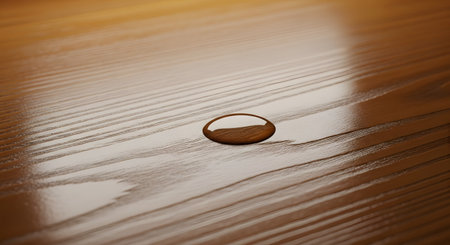A macro close-up of a single, perfectly formed water drop beading on a polished, brown wooden surface. The grain of the wood is visible, and the drop reflects light, highlighting the waterproof or sealed finish of the wood.の素材
