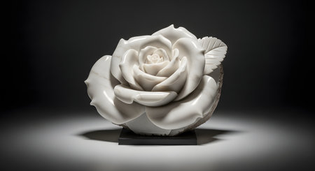 A studio shot of an intricate sculpture of a rose, beautifully carved from a single piece of white marble. The sculpture is spotlit against a dark, gradient background, highlighting the delicate petals and fine craftsmanship.の素材
