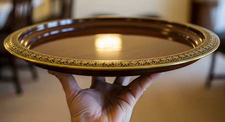 A man's hand holds up an empty, round wooden serving tray with an ornate gold-patterned rim. The tray has a glossy finish, reflecting a light source, and the background is a blurred-out dining room. This conveys service, hospitality, or offering something.の素材