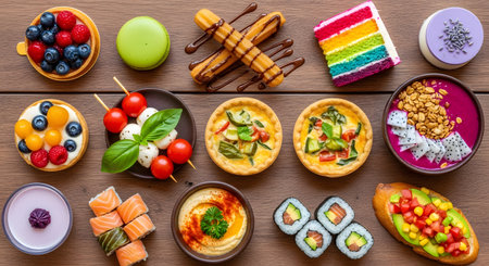 A top-down flat lay of a diverse assortment of colorful sweet and savory foods on a wooden table. The spread includes fruit tarts, a rainbow cake, churros, sushi, quiche, hummus, and an acai bowl, representing variety, brunch, and food culture.の素材
