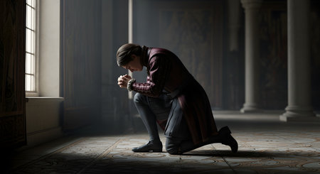 A person in period clothing kneels in solemn prayer on an ornate floor, illuminated by a bright stream of light from a nearby window. The setting appears to be a grand, historic hall with large columns and a somber atmosphere, suggesting devotion, humility, or grief.の素材