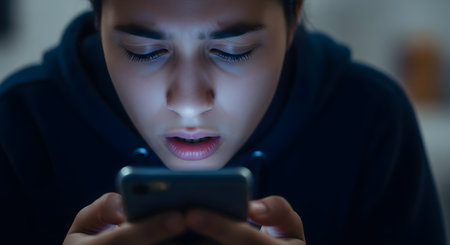 A close-up of a young person's face illuminated by the blue light of a smartphone in a dark room. Their expression is one of shock, fear, or disbelief as they stare intently at the screen.の素材