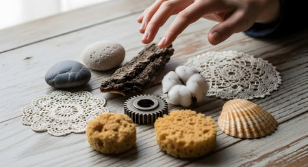 A person's hand hovers over a collection of diverse objects arranged on a wooden table, exploring various textures. The items include smooth stones, rough bark, soft cotton, a metal gear, natural sponges, a seashell, and lace doilies. This image conveys concepts of sensory experience, touch, texture, and the contrast between natural and man-made materials.の素材