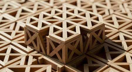 A close-up shot of an intricate geometric pattern crafted from wood. The complex design features interlocking triangles and hexagons, creating a 3D lattice structure. The image highlights precision woodworking, craftsmanship, and detailed carpentry.の素材
