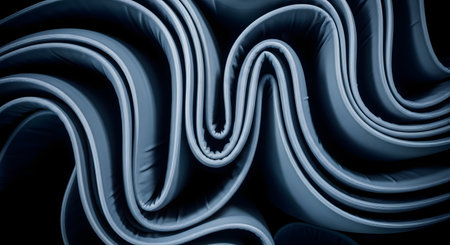 An abstract close-up shot of folded blue fabric, creating a pattern of deep, rhythmic waves and curves. The texture of the textile is highlighted by soft lighting, creating a dynamic and modern background.の素材