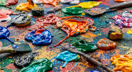A close-up shot of a messy artist's palette with thick, vibrant globs of acrylic or oil paint in various colors. Palette knives and brushes are mixed into the paint, representing a creative process, abstract art, and artistic passion.の素材