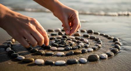 Hands carefully arrange small, smooth pebbles into a spiral pattern on wet sand at a beach. The ocean waves are gently lapping at the shore in the background. This image represents mindfulness, creativity, zen, balance, and land art.の素材