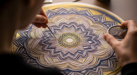An overhead, close-up shot of an artist's hands meticulously creating an intricate mandala. The artist is using a fine-tipped tool to apply gold and white dots, creating a complex, textured, and spiritual design in blue, purple, and gold.の素材