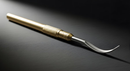 A precision carving tool with a curved, sharp metal tip and a textured gold handle rests on a dark, textured surface. The tool is lit dramatically, highlighting its sleek design and sharp edge, suggesting craft, detail, or dentistry.の素材
