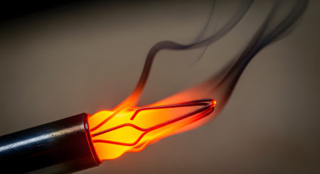 A macro photograph of a metal heating element or filament glowing bright orange from intense heat. The element, resembling a specialized tool tip, is red-hot and emitting wisps of dark smoke against a blurred, neutral background. This image represents heat, energy, or industrial processes.の素材
