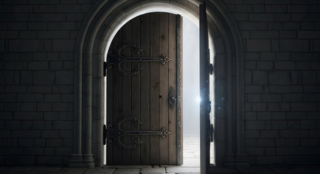 A heavy, arched wooden door with large, ornate iron hinges is set in a medieval stone wall, opening slightly to reveal a bright, mysterious light from within. The scene evokes a sense of mystery, opportunity, and entering a new, unknown world. This could be a castle or dungeon entrance.の素材