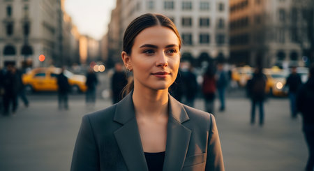 A portrait of a confident and poised young businesswoman standing on a bustling city street. She is wearing a professional grey blazer and looks thoughtfully into the distance, with a blurred background of city buildings, yellow taxis, and pedestrians. The warm evening light illuminates her face.の素材