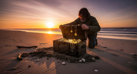 A man kneels on a sandy beach at sunrise, opening a large, barnacle-covered treasure chest. Gold coins and jewelry spill out, illuminated by the warm morning light, with the ocean in the background.の素材
