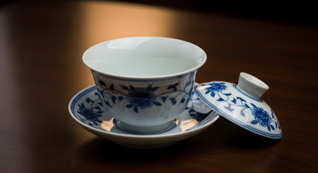 A traditional Chinese gaiwan tea cup, made of white porcelain with an elegant blue floral pattern. The set, including the cup, saucer, and lid, rests on a dark wooden table with soft, reflective lighting.の素材