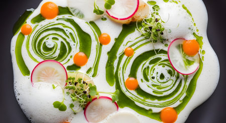 A beautifully plated haute cuisine dish, viewed from directly above. The modern culinary creation features white foam, green oil swirls, orange spheres from molecular gastronomy, thinly sliced radishes, and delicate microgreens on a dark plate.の素材