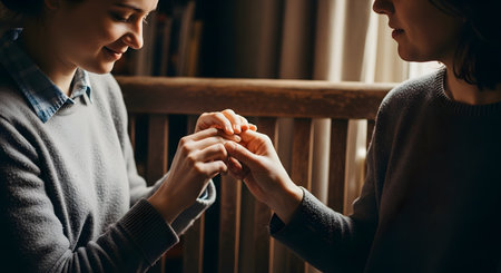 A close-up, tender moment of two women holding hands. One woman smiles gently as they connect, conveying a sense of support, empathy, and a close relationship. The scene is softly lit, creating an intimate and warm atmosphere.の素材
