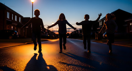 Four children, silhouetted against the warm glow of a single streetlight, run joyfully down a suburban residential street at dusk. Their arms are outstretched, capturing a moment of carefree play, freedom, and childhood friendship. The low-angle shot emphasizes their long shadows on the pavement.の素材