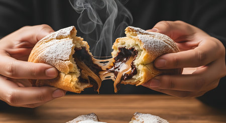A close-up shot shows a pair of hands breaking open a hot, shell-shaped pastry, possibly a sfogliatella, dusted with powdered sugar. Steam rises from the center, revealing a gooey, melted chocolate and peanut butter filling stretching between the two halves. The image evokes a sense of indulgence, comfort food, and a delicious sweet treat.の素材