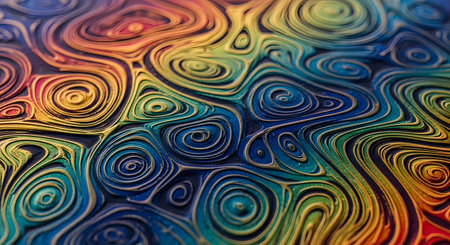 A vibrant, abstract macro background featuring swirling, psychedelic patterns in a rainbow of colors. The textured, 3D surface has metallic or glittery paint in blue, green, yellow, and red, creating a dynamic, flowing design. The intricate lines resemble topographic maps or liquid art.の素材