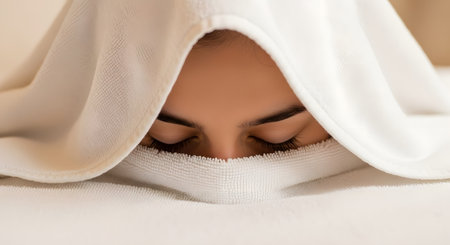 A serene close-up of a woman's face partially covered by a white, fluffy towel, revealing only her closed eyes, long eyelashes, and eyebrows. The image evokes a sense of peace, relaxation, and self-care. It's suitable for concepts related to spas, beauty treatments, skincare, or unwinding.の素材
